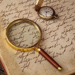 Loupe et boussole sur un manuscrit