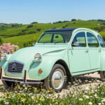 2CV Citroën sur une route devant une plaine
